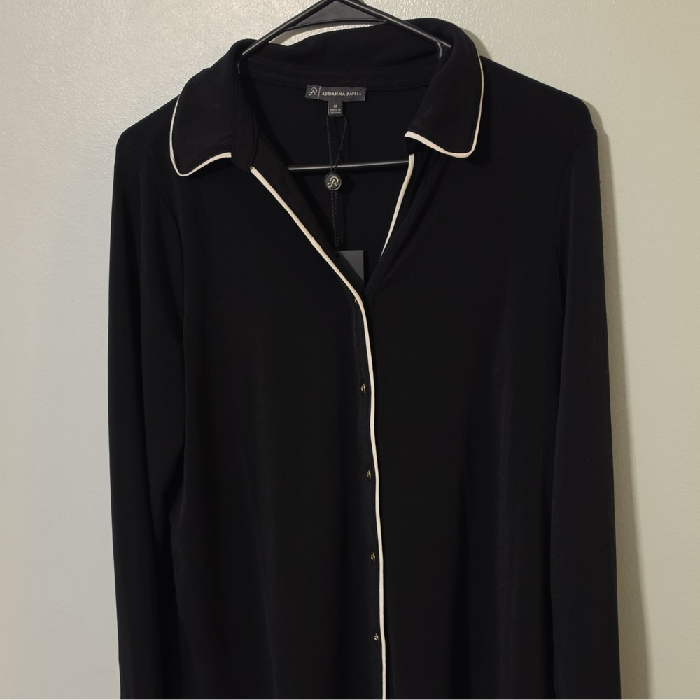 Adrianna Papell Black Solid Collared Button-Up Long Sleeve Blouse Size M #168 - Picture 3 of 6